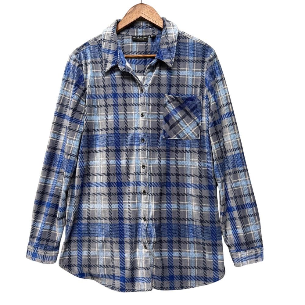 Susan Graver Weekend Tunic Shirt Women L Blue Plaid Corduroy Button Down A456429